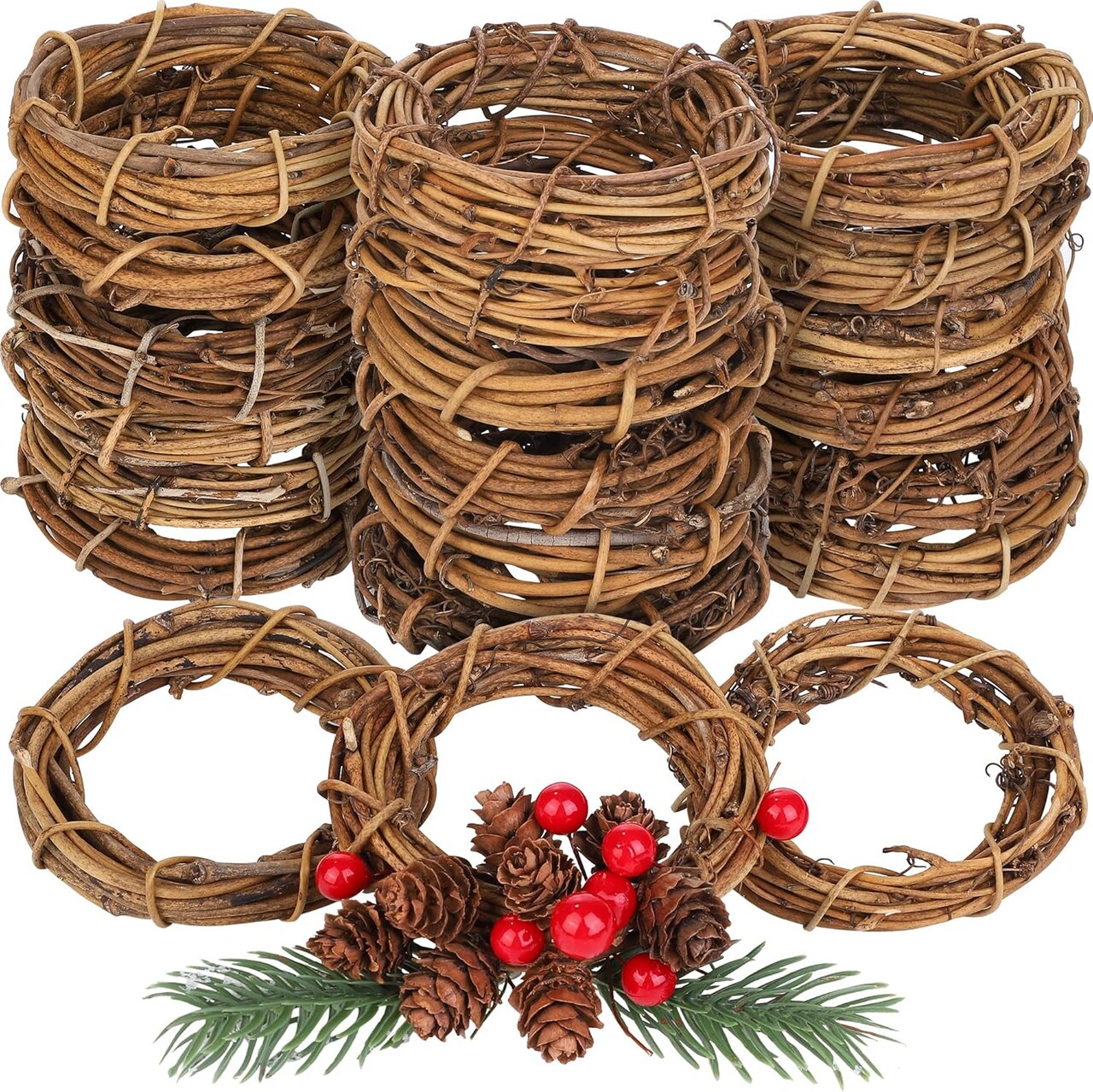 24 Pieces Grapevine Wreaths Vine Branch Wreath Natural Christmas Rattan Wreath Garland Decoration for Christmas Holiday Craft or Wedding Supplies, 4 Inch